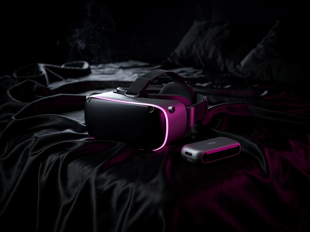 A VR headset and an interactive device on a bedside table, illustration